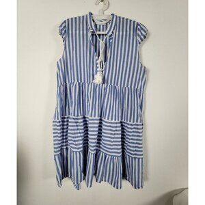 ALCOTT Blue White Striped Cotton Tiered Mini Dress XL Tasseled Neck Cap Sleeve